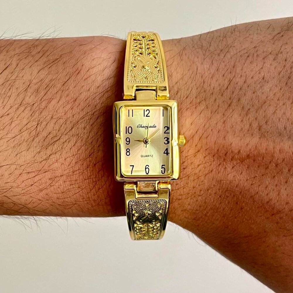 2000s vintage cute gold rectangle stainless steel quartz luxury watch